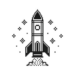 Obraz premium Pixel art rocket launching into space with stars