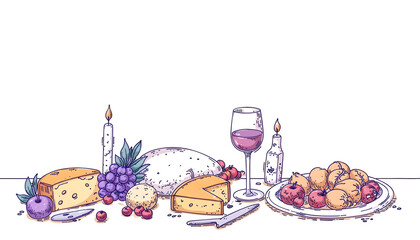 Hand-drawn picnic charcuterie spread with cheese, fruit and wine on transparent white background png