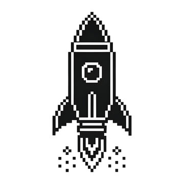 Retro pixel art rocket ship launching into space