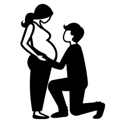 Tender golden sunset moment of man kneeling before pregnant partner in wildflower field love joy anticipation family future