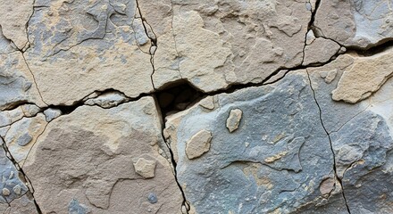 Textured rock face with deep fissures and a small dark cavernous