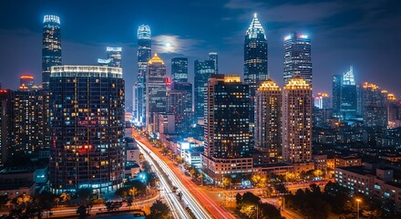 Obraz premium Panoramic skyline view of modern city at twilight, illuminated cityscape