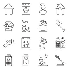 Fototapeta premium 16 House Cleaning Icons Bundle | Simple Household Cleaning Icons, Minimal Vector Pack