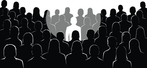 A spotlight shines a single person in a crowd, symbolizing individuality, leadership, and standing out from rest