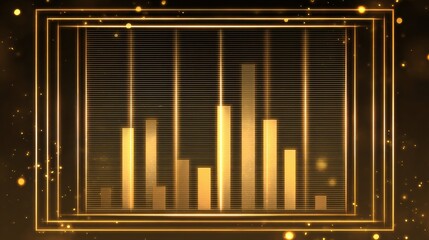 A golden bar graph illustrates data trends in a digital analytics presentation, set against a dark background with sparkles adding flair to the display.