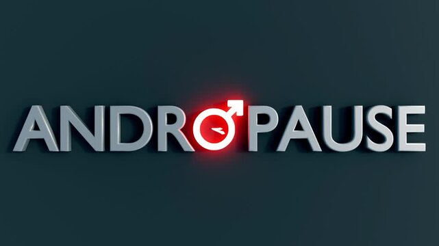 A 3D animation of the word "ANDROPAUSE" in capital letters. A prominent feature is the use of the male gender symbol.
