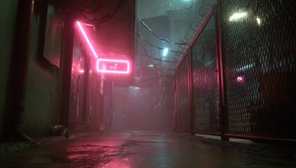 Rain-soaked alleyway at night, neon glow