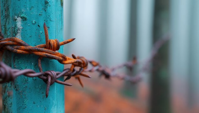 Rusty barbed wire fence post in a foggy forest