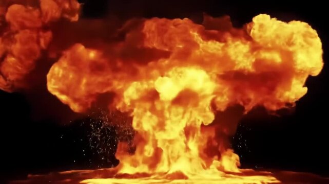 Dramatic cinematic shot of a massive fiery explosion forming a mushroom cloud against a solid black background