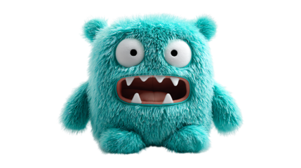 Adorable, fluffy turquoise monster character with big eyes and teeth.