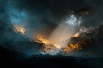 Dramatic mountain landscape bathed in a stormy sunrise
