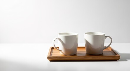 Obraz premium Two Empty White Mugs on a Light Brown Wooden Tray Against a Whit