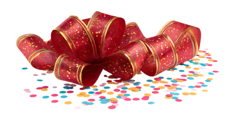 Red ribbon and confetti, perfect for celebrations and holidays.