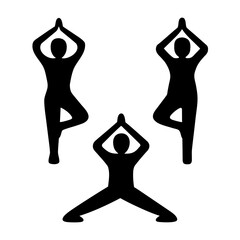 Three silhouetted figures perform yoga at sunset mountaintop, serene valley view with balance, harmony and crisp air