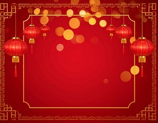Red Chinese lanterns hanging against a rich red background with gold bokeh lights and ornate frame; festive, celebratory mood; flat lay design.