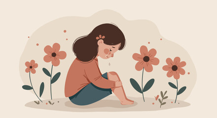 Sad girl sitting among flowers, depicting emotions for mental health awareness and educational materials