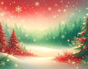 Red and green winter landscape illustration with snow falling, featuring two decorated Christmas trees and a snowy forest background in a soft, dreamy style.
