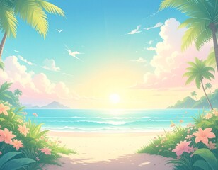 Sunrise over a tropical beach, illustrated with pastel colors, showing palm trees, pink flowers, and calm ocean waves,  wide-angle landscape composition, idyllic summer