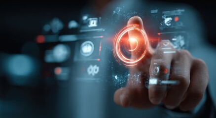 A hand interacts with a holographic display of data visualizations