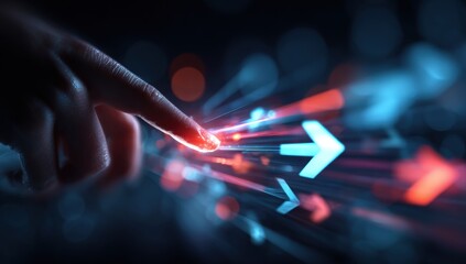 A hand's finger touching a digital interface with glowing, colorful, fast-moving arrows