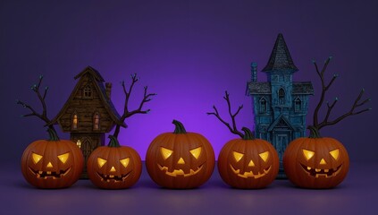 A row of glowing jack-o'-lanterns with spooky faces creates a festive Halloween atmosphere against a purple background with haunted houses