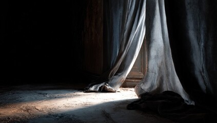 A sliver of light pierces a dimly lit room