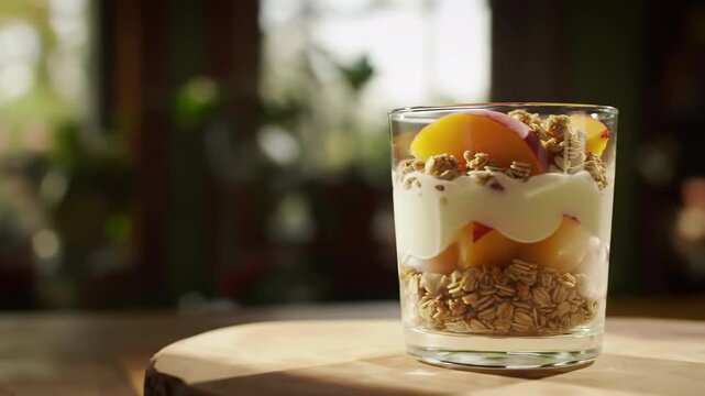 Delicious and healthy peach parfait with yogurt and granola in a glass on a wooden table, perfect for breakfast or a snack, slow rotation of the shot with sunlight and dark background