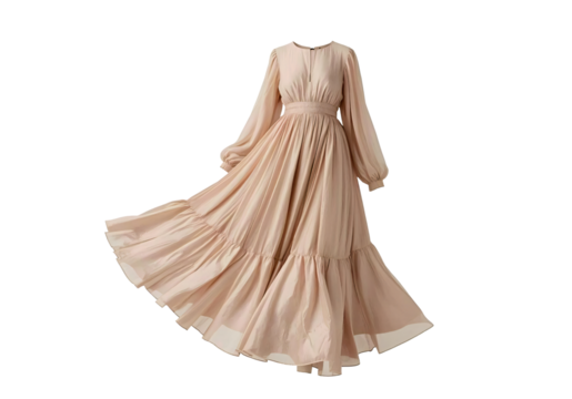 Beige maxi dress, flowing fabric, studio shot, e-commerce