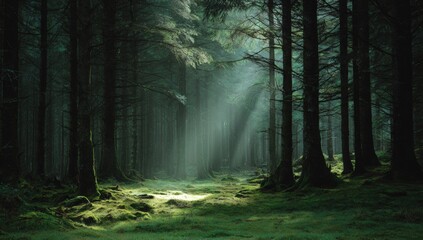 Obraz premium Sunbeams piercing a dense forest