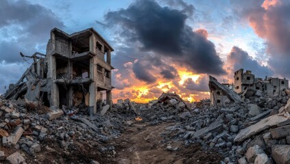 Ruined buildings at sunset