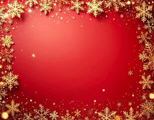 Red background with gold snowflakes forming a festive border, flat lay overhead shot, creating a warm and celebratory mood perfect for Christmas designs.