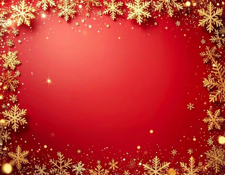 Red background with gold snowflakes forming a festive border, flat lay overhead shot, creating a warm and celebratory mood perfect for Christmas designs. - Powered by Adobe