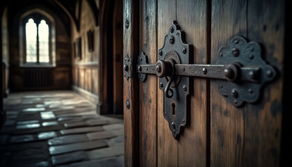 Macro Shot of Ancient Castle Lock on Oak Doors