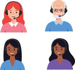 Customer support team vector illustration, call center agents with headsets, diverse people, communication service staff, online help, tech support