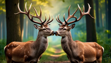 Naklejka premium Two Spotted Deer in Forest Natural Scene