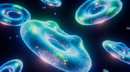 Obraz premium Neon Bioluminescent Cells in Close-Up Illustration