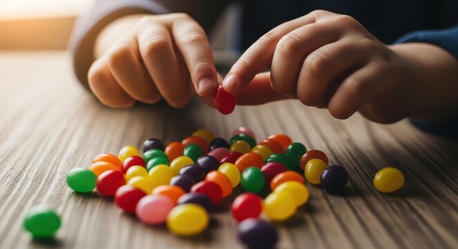 Child's hands sorting colorful jelly beans on wooden table for Easter - Powered by Adobe