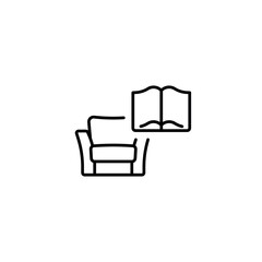 Book and chair. Relaxation linear icon. Break time. Line customizable illustration. Contour symbol. Vector isolated outline drawing. Editable stroke