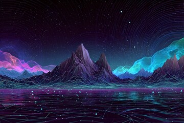 A wireframe landscape with glowing neon lines and holographic geometric shapes, creating an immersive digital environment