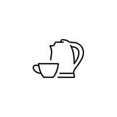 Electric kettle and cup linear icon. Break time. Line customizable illustration. Contour symbol. Vector isolated outline drawing. Editable stroke