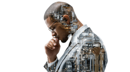 Brainstorming Business Insights: A contemplative business person, enveloped by the intricate framework of a city, embodies profound reflection and the genesis of inventive ideas.