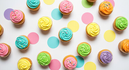 Obraz premium Overhead view of colorful cupcakes with different frosting and confetti on a white surface top down shot