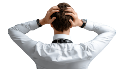 Contemplative State: A man, seen from behind, clasps his head with hands, showcasing inner turmoil and deep thought through his posture, in a focused studio shot.