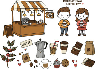 Kids Holding Coffee with Coffee Festival Elements in Doodle Cartoon Style. International Coffee Day