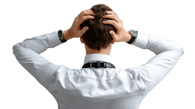 Contemplative State: A man, seen from behind, clasps his head with hands, showcasing inner turmoil and deep thought through his posture, in a focused studio shot. - Powered by Adobe