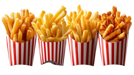 Golden Fry Frenzy: A vibrant array of classic French fries, perfectly cooked and served in charming red and white striped paper cups. Capturing the essence of delicious fast food.