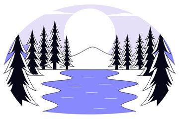 Obraz premium Serene winter landscape vector illustration with moon and forest