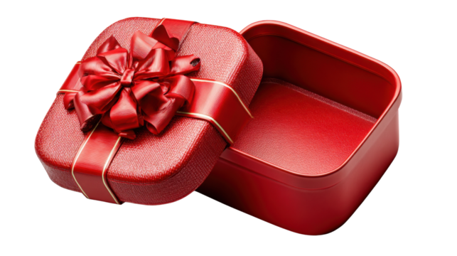 Gift of the Heart: A vibrant, open red gift box, adorned with a luxurious, tied bow, invites the recipient to unwrap the possibilities and pleasures within, symbolizing love, celebration.