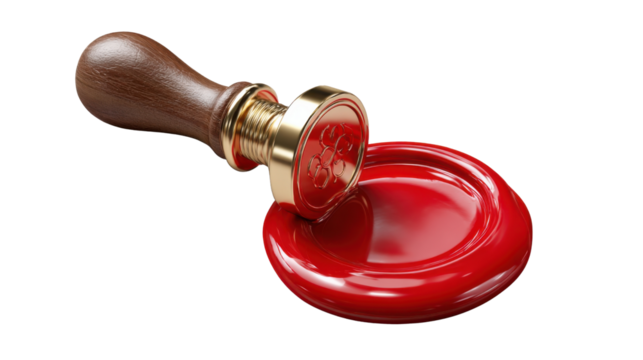Sealed with Authority: An emblem of formal assurance. This striking visual captures a vibrant, freshly stamped seal with an antique wooden handle, symbolizing certification and official confirmation.