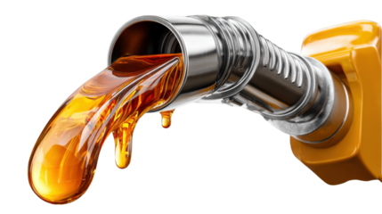 Fuel Nozzle and Flowing Gasoline: Close-up of a gasoline fuel nozzle with golden fuel pouring out, showcasing the liquid's texture and flow.